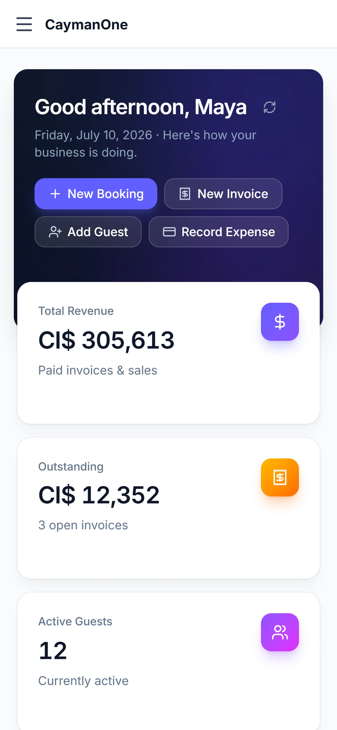 CaymanOne running as an installed app on a phone