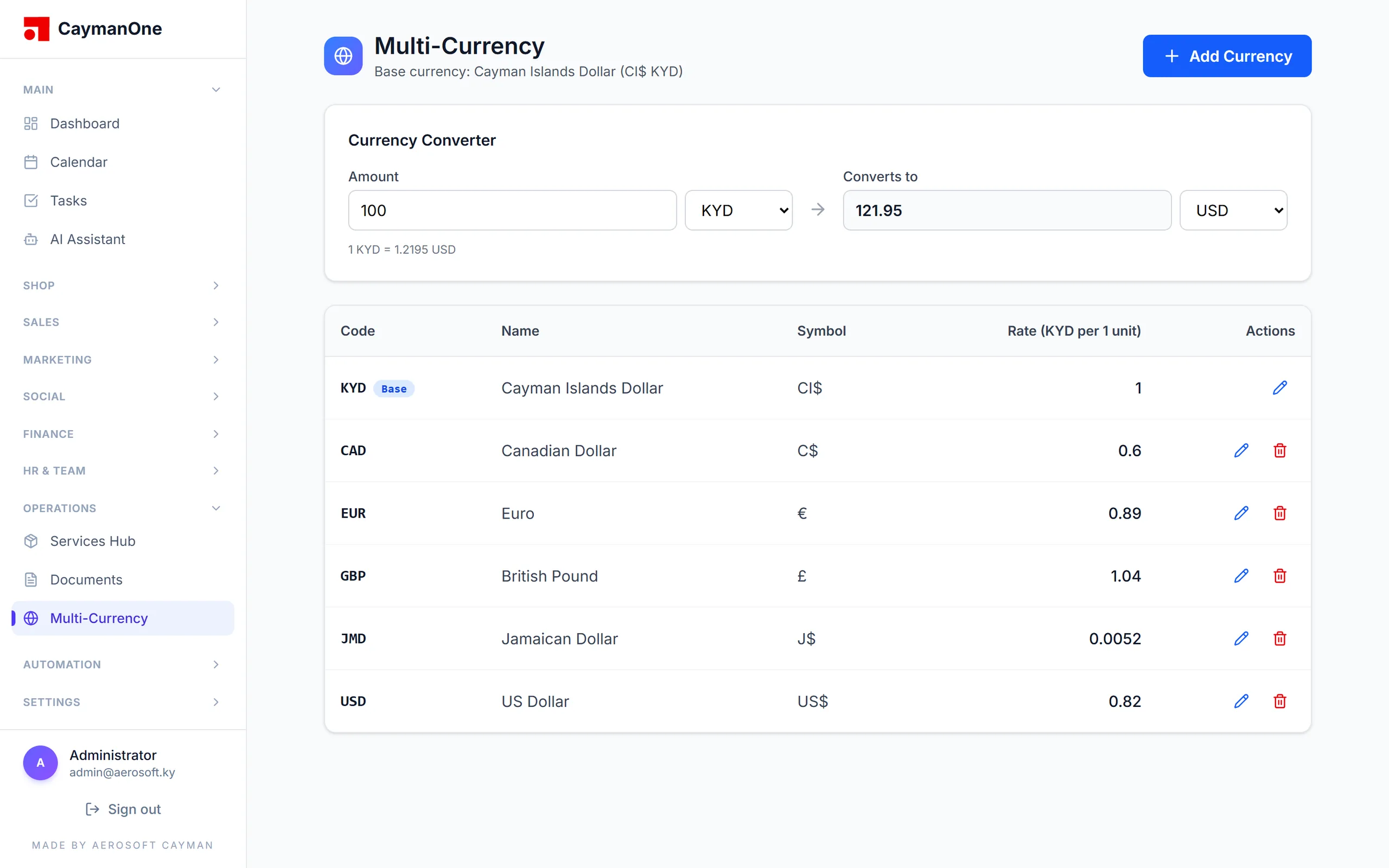 CaymanOne multi-currency: KYD base with live converter and exchange-rate table